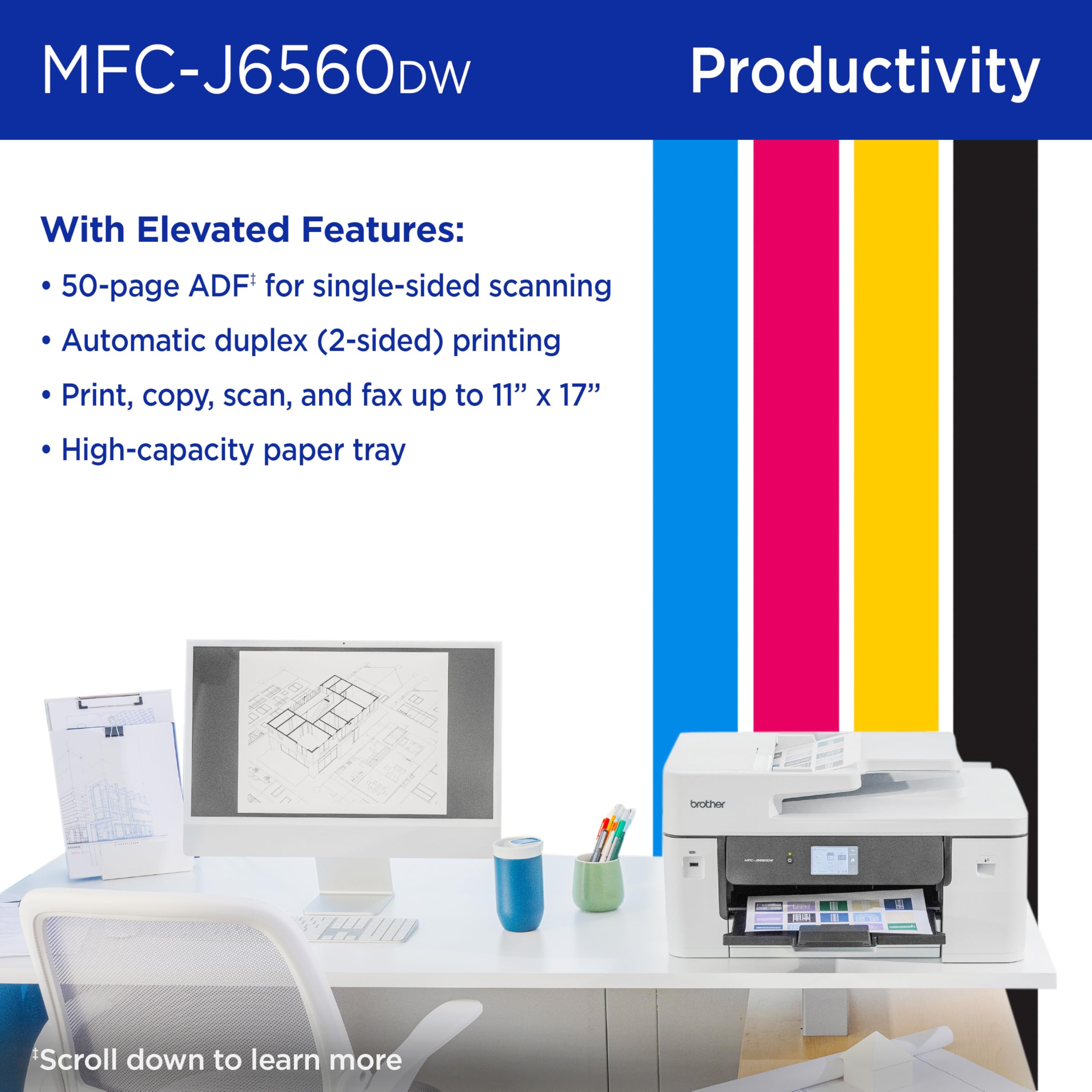 Brother INKvestment 6560 Wireless Color Inkjet All-in-One Printer with 11”x17” Capabilities and 2.7” Color Touchscreen | Includes Refresh Subscription Trial(1) (MFC-J6560DW) - Image 6