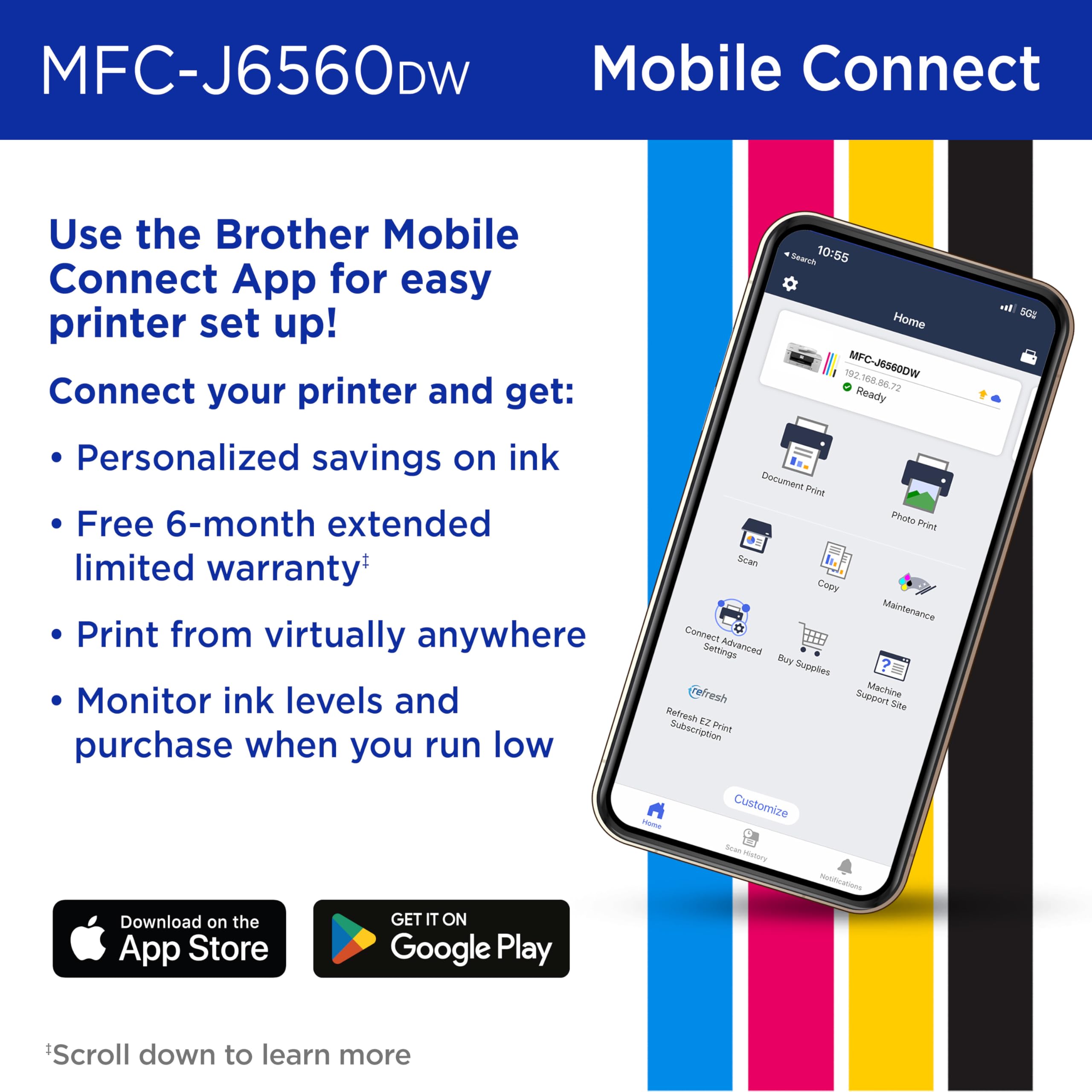 Brother INKvestment 6560 Wireless Color Inkjet All-in-One Printer with 11”x17” Capabilities and 2.7” Color Touchscreen | Includes Refresh Subscription Trial(1) (MFC-J6560DW) - Image 8
