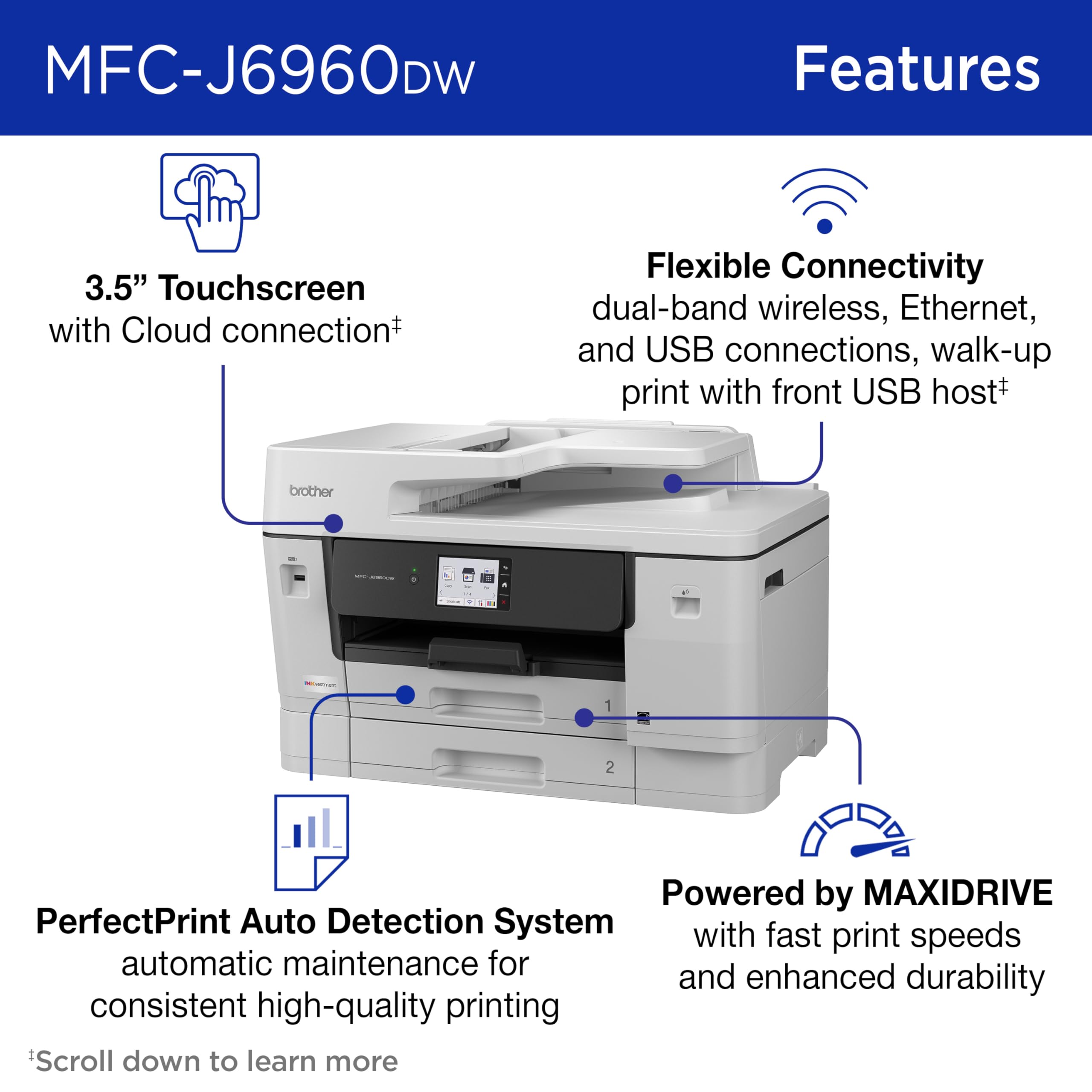 Brother INKvestment 6960 Wireless Color Inkjet All-in-One Printer with 11”x17” Capabilities and 3.5” Color Touchscreen | Includes Refresh Subscription Trial(1) (MFC-J6960DW) - Image 5