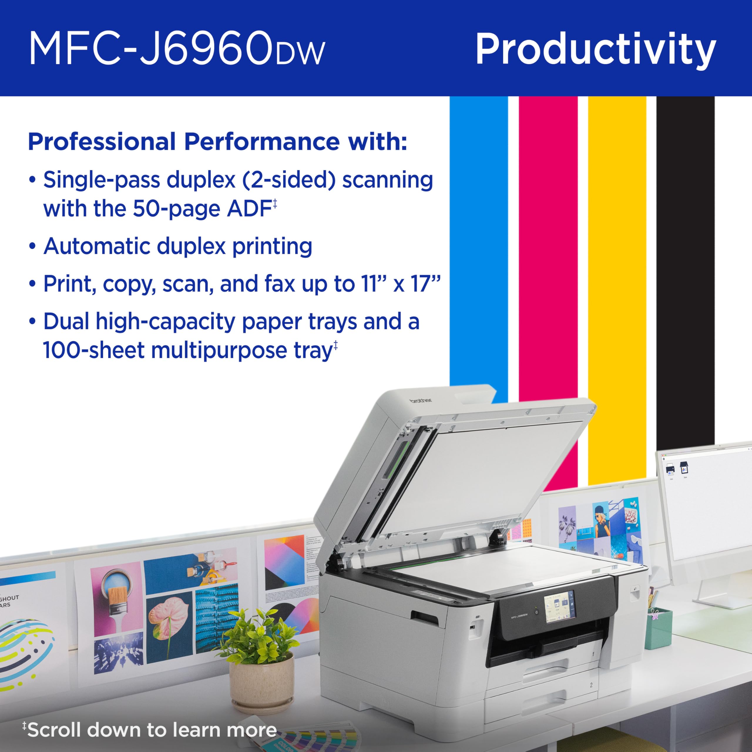 Brother INKvestment 6960 Wireless Color Inkjet All-in-One Printer with 11”x17” Capabilities and 3.5” Color Touchscreen | Includes Refresh Subscription Trial(1) (MFC-J6960DW) - Image 6