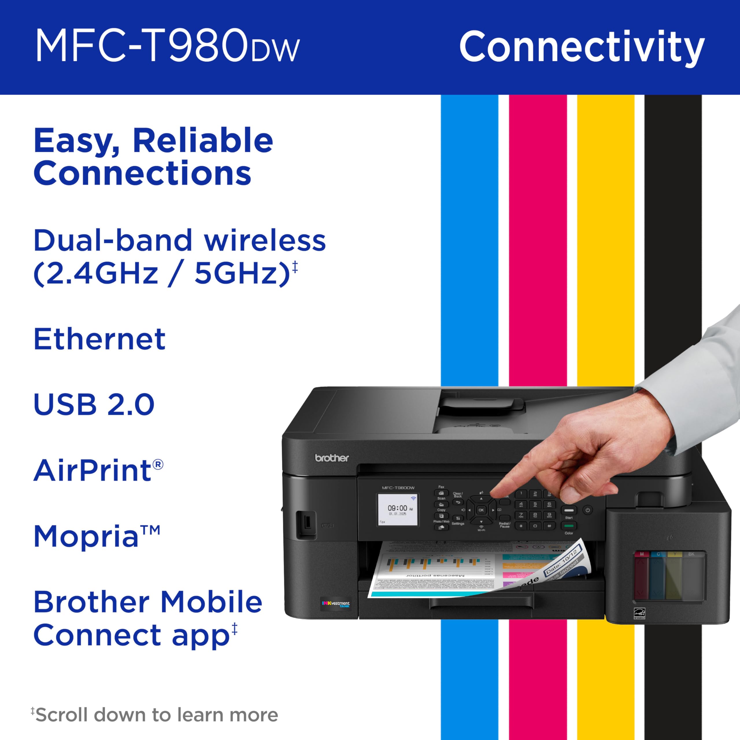 Brother INKvestment Tank 980 Wireless and Ethernet Color Inkjet All-in-One Printer with Multipurpose Tray | Includes up to 3 Years of Ink in-Box(1) and Limited Warranty(2) (MFC-T980DW) - Image 7