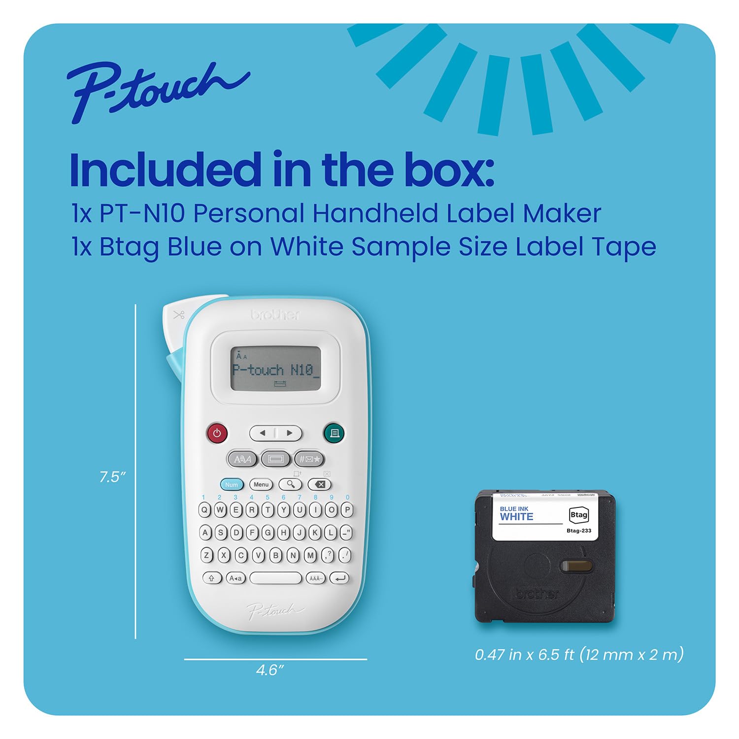 Brother P-Touch PT-N10 Personal Handheld Label Maker, Portable and Prints, P-Touch Btag ~½” (12mm) Wide Color Personalized Label Tapes, - Image 8
