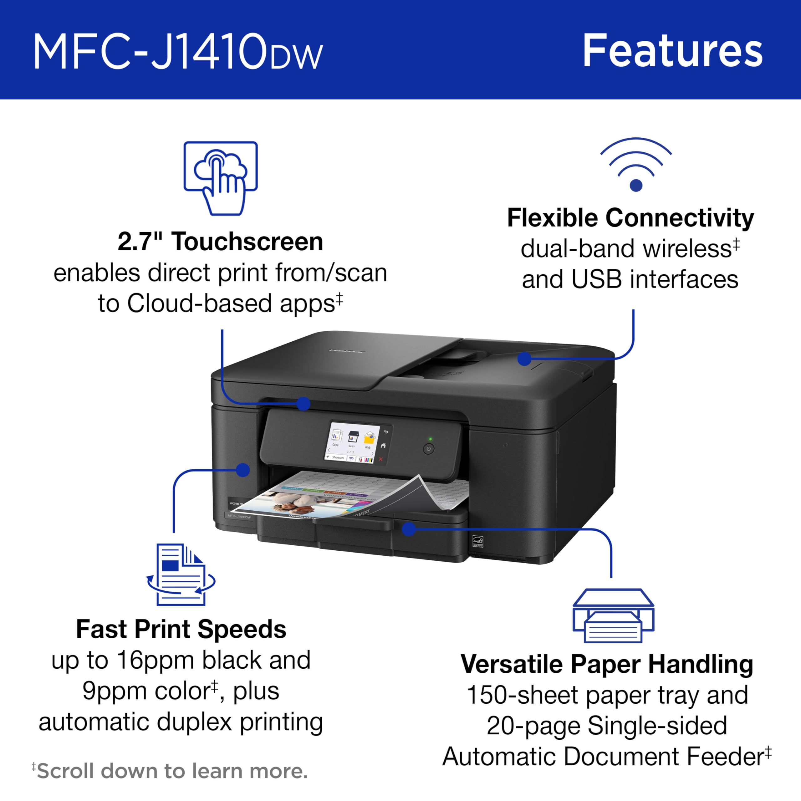 Brother Work Smart 1410 Wireless Color Inkjet All-in-One Printer with 2.7” Touchscreen and Automatic Duplex Printing | Includes Refresh Subscription Trial(1) (MFC-J1410DW) - Image 3